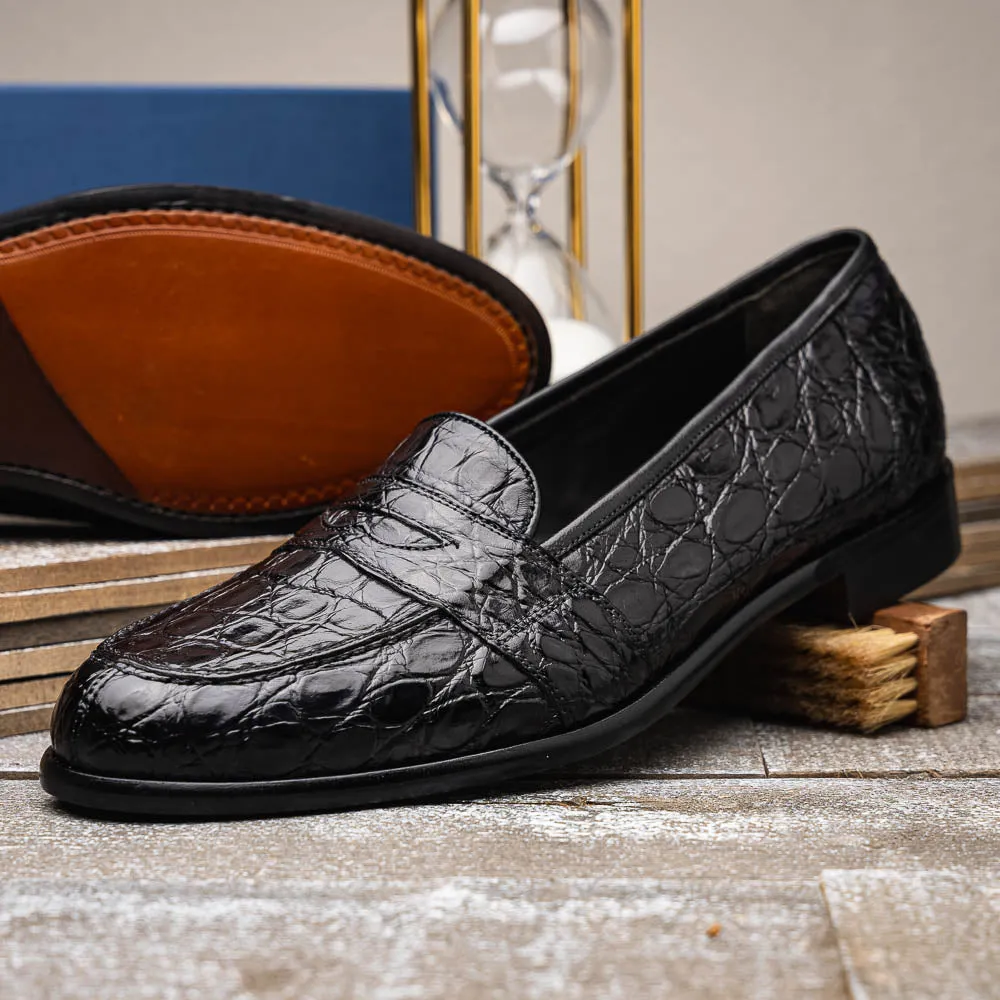 11-119-BKM (BLK) TUSCANY Crocodile Penny Loafer, Black