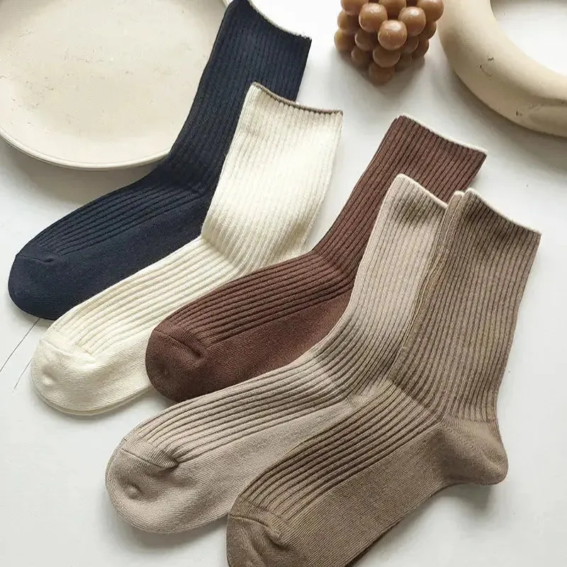 5-Pack Ribbed Cotton Crew Socks for Women – Neutral Tones, Soft & Breathable Casual Fit