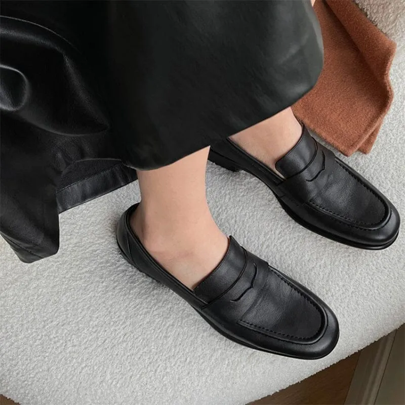 Academic Style Leather Penny Loafers for Women in Brown/Black/Coffee