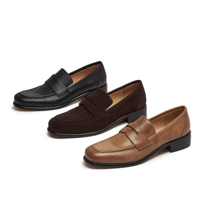 Academic Style Leather Penny Loafers for Women in Brown/Black/Coffee