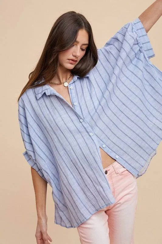 Annie Wear Striped Button Up Half Sleeve Shirt In Blue