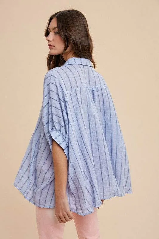 Annie Wear Striped Button Up Half Sleeve Shirt In Blue