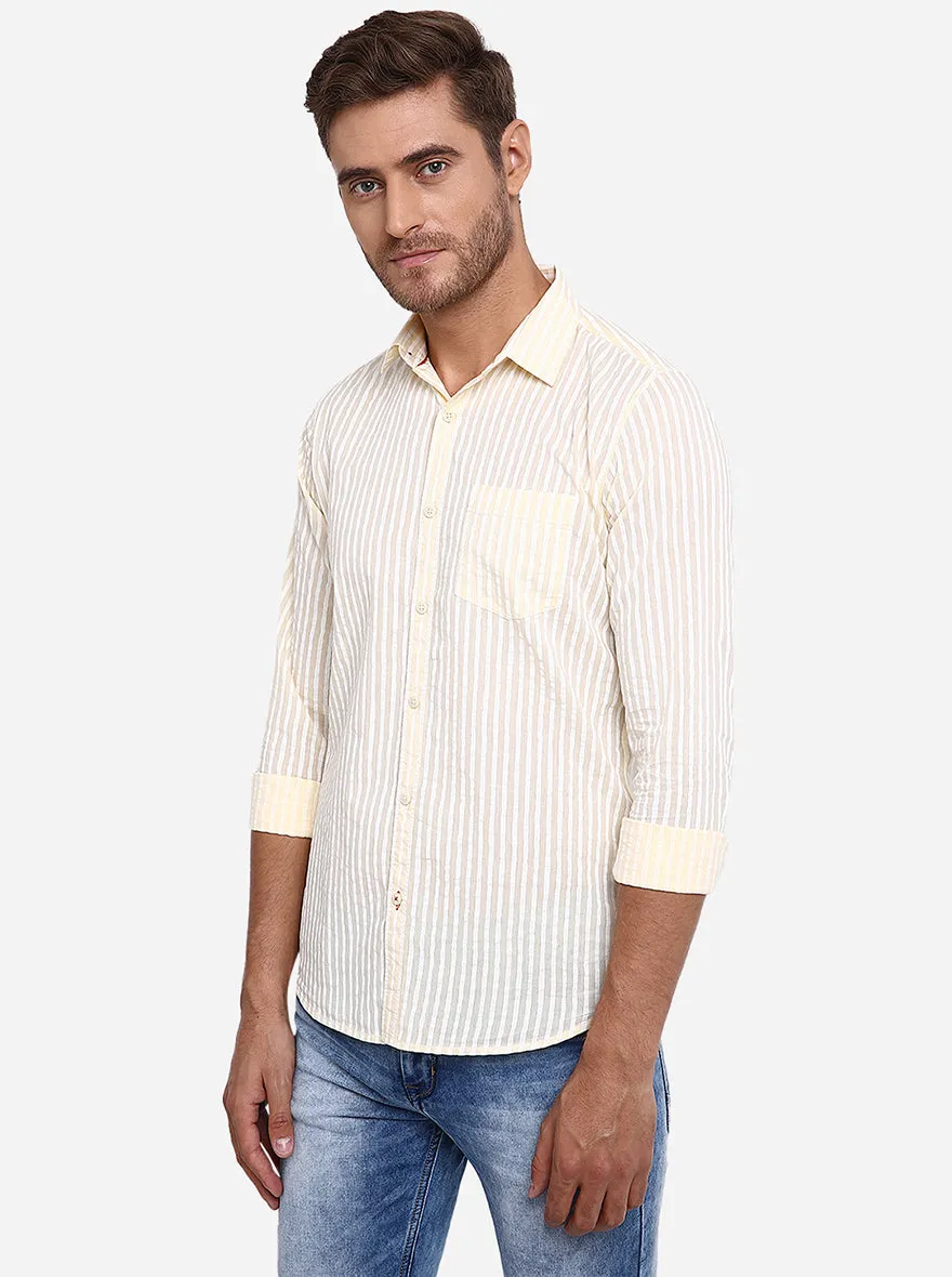 Beige & White Striped Slim Fit Casual Shirt | JadeBlue