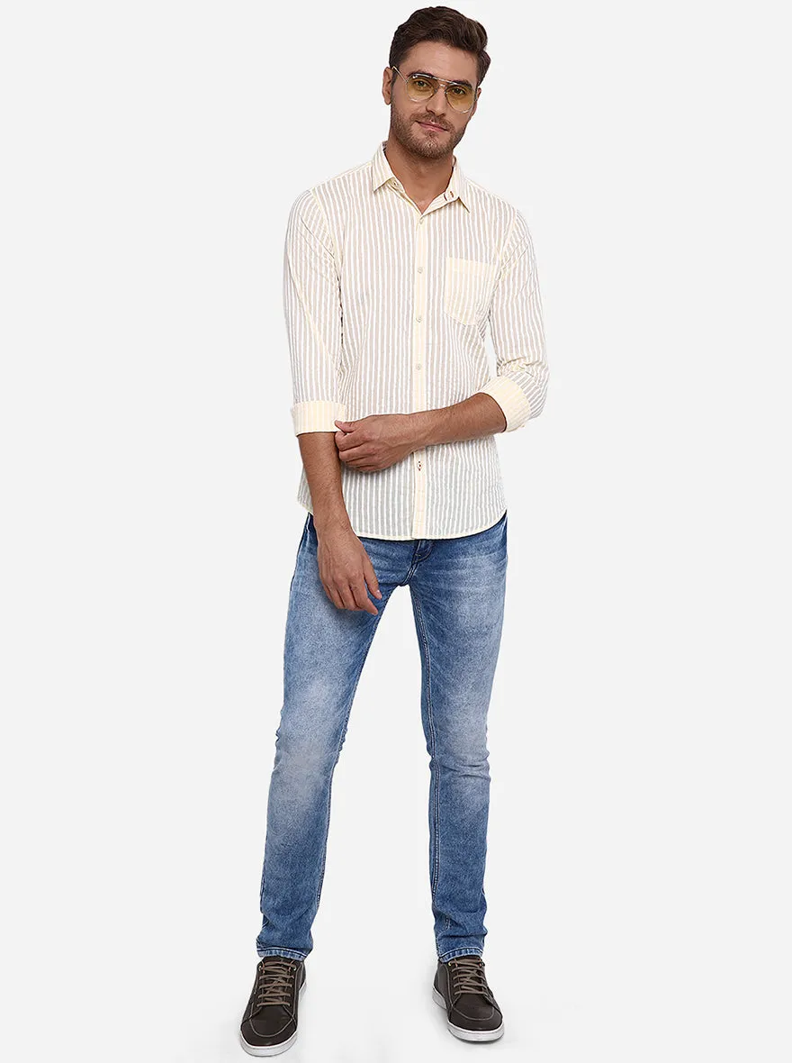 Beige & White Striped Slim Fit Casual Shirt | JadeBlue