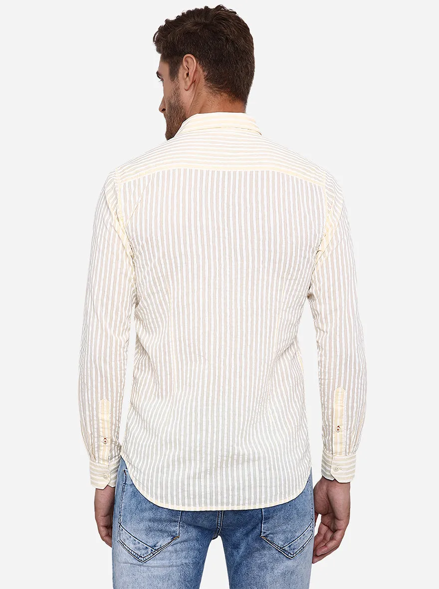 Beige & White Striped Slim Fit Casual Shirt | JadeBlue