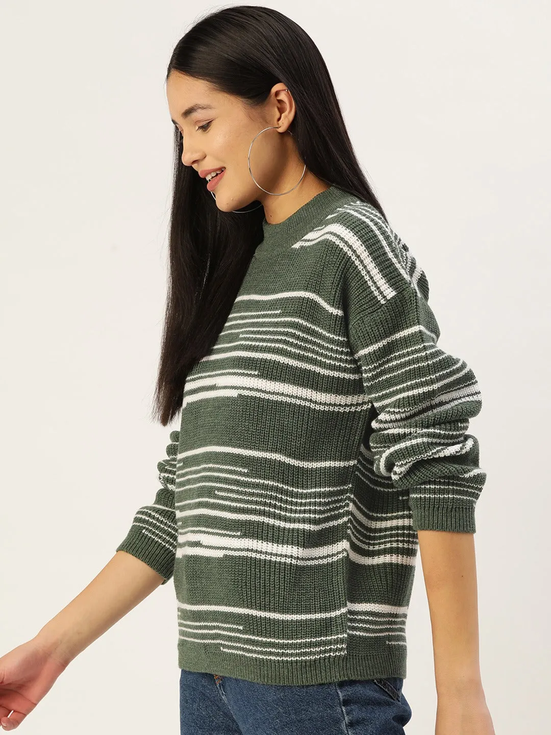 Berrylush Women Green & White Striped Pattern Round Neck Drop-Shoulder Sleeves Acrylic Ribbed Hem Regular Sweater