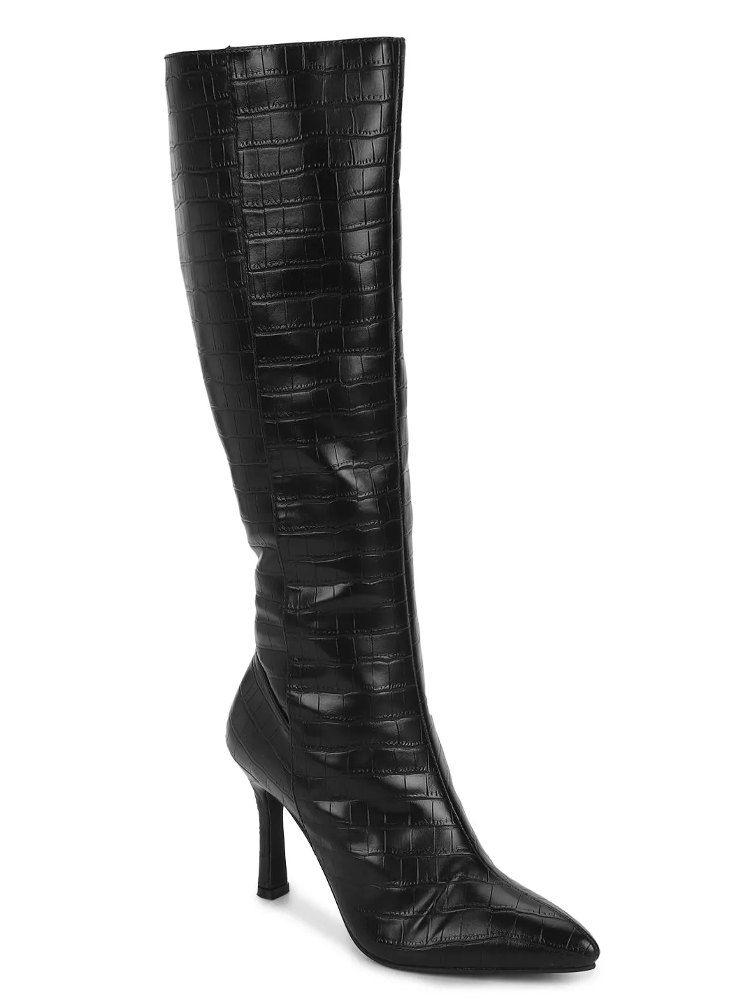 Black Croc PU Stiletto Long Boots (TC-ST-1289-BLKCROC)