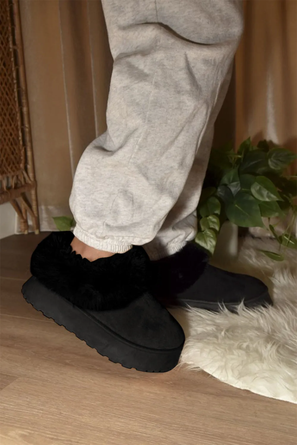 Black Faux-Fur Platform Slip On Booties