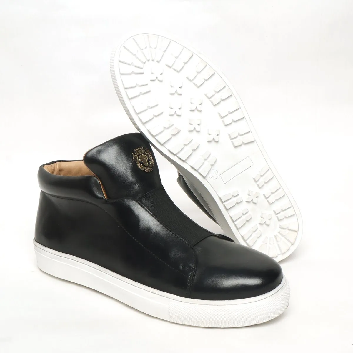 Black Leather Mid-Top Sneakers with Stretchable Strap by Brune & Bareskin