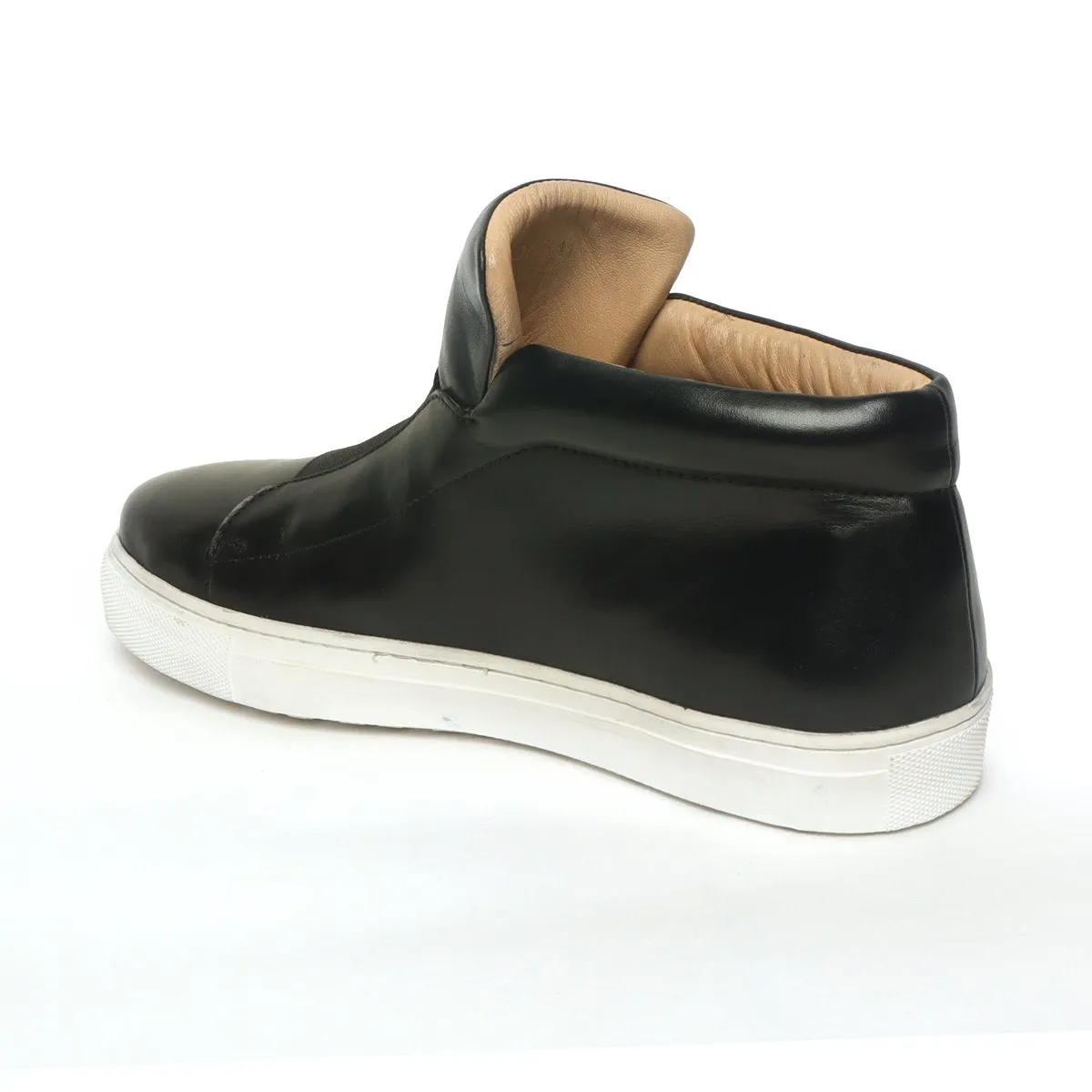 Black Leather Mid-Top Sneakers with Stretchable Strap by Brune & Bareskin