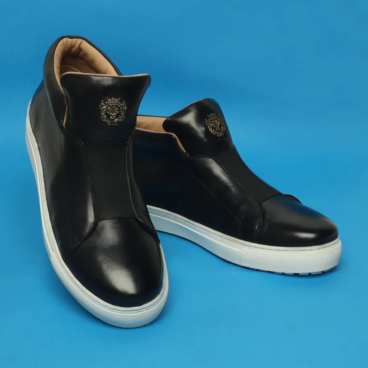 Black Leather Mid-Top Sneakers with Stretchable Strap by Brune & Bareskin