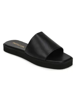 Black PU Wide Strap Slides