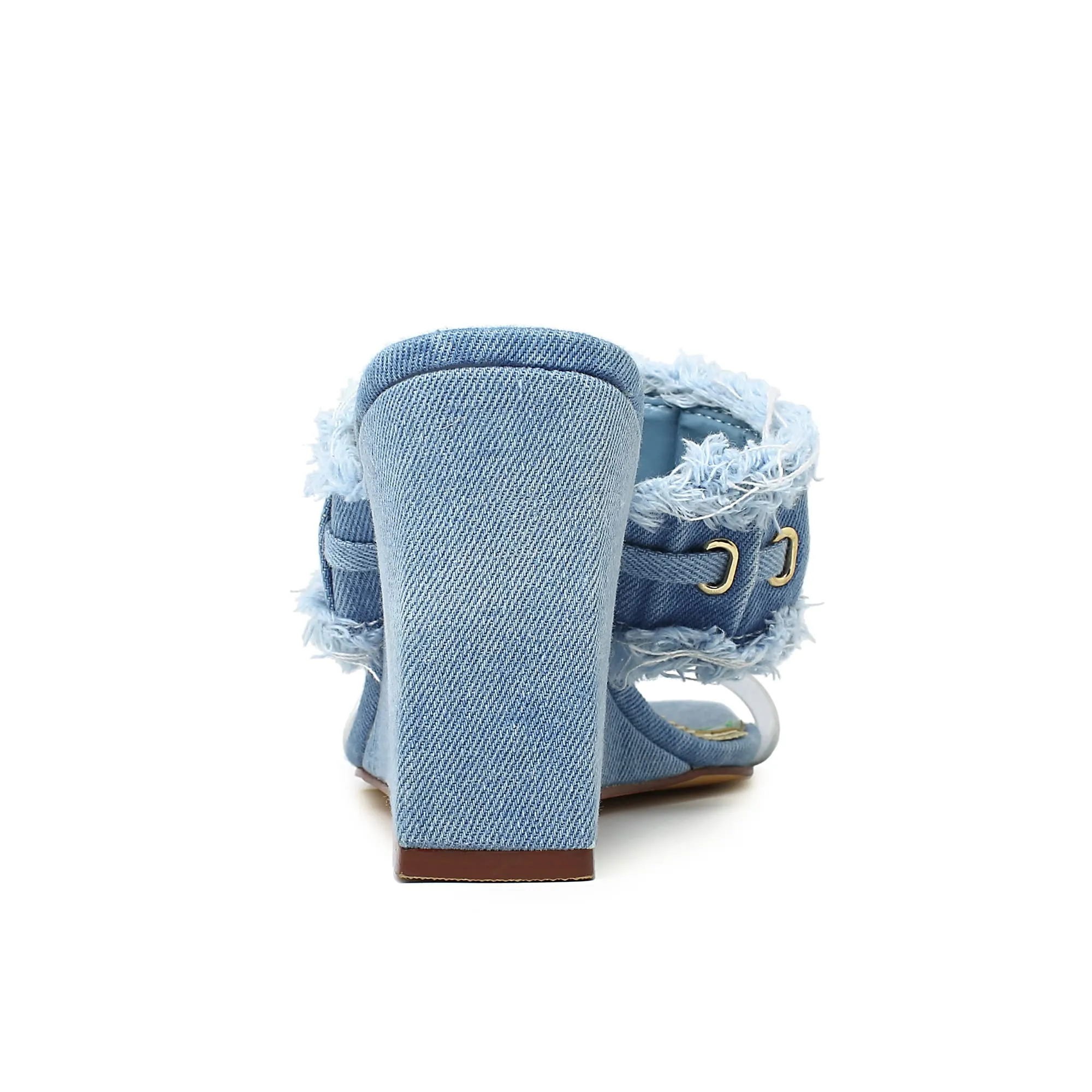 Blue Denim Open Toe Frayed Clear Wedge Sandals