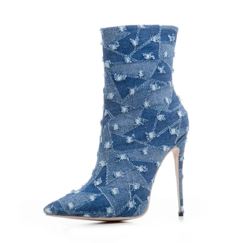 Blue Denim Ripped Pointed Toe High Heel Calf Boots