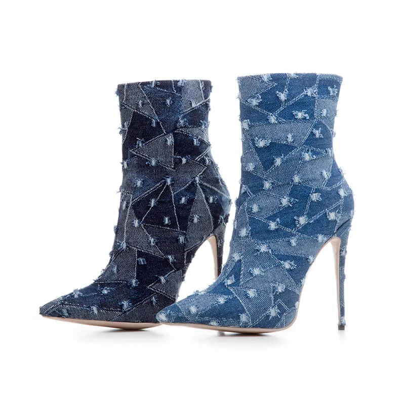 Blue Denim Ripped Pointed Toe High Heel Calf Boots