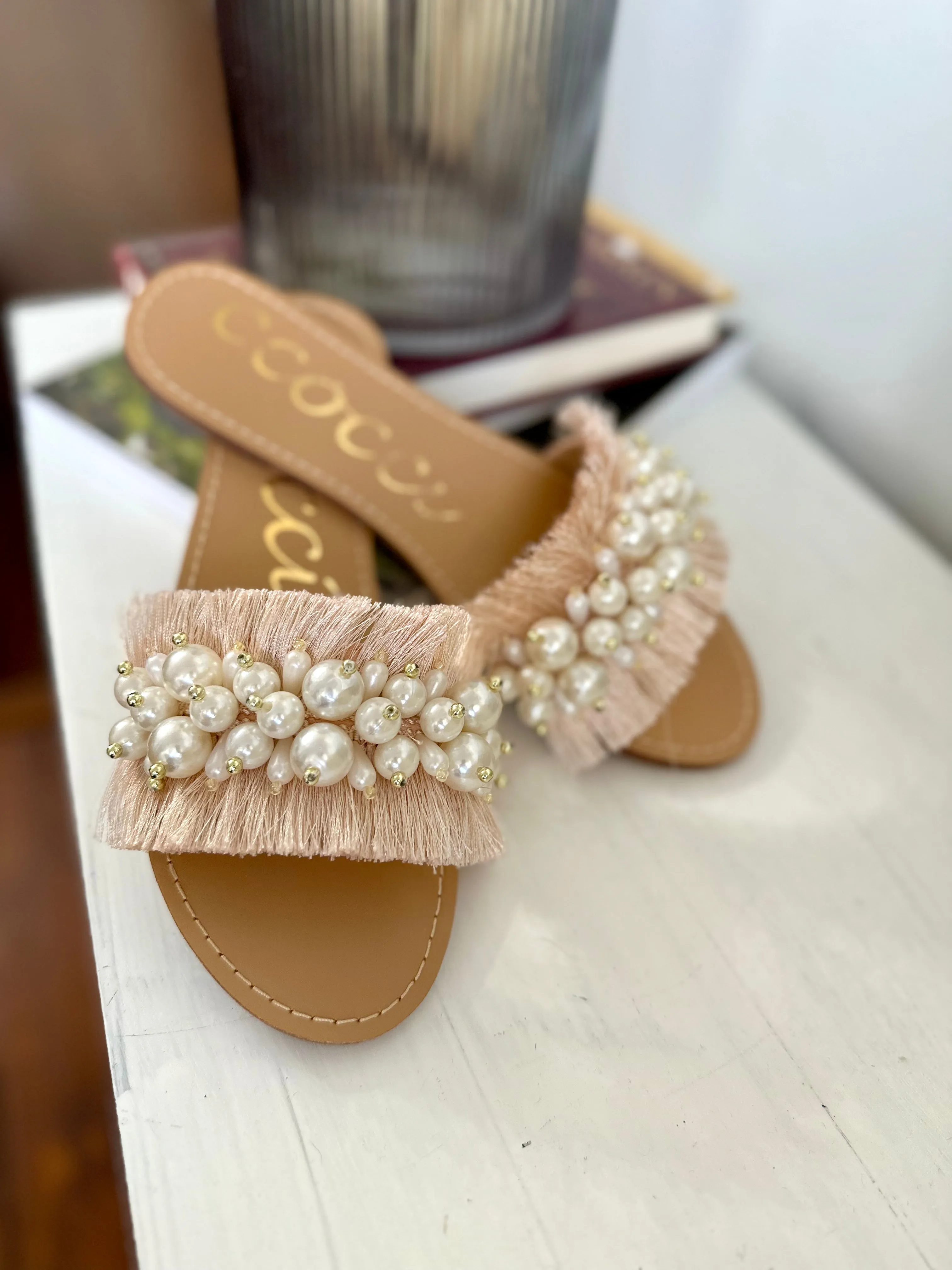 Blush Fringe Pearl Slide Sandal