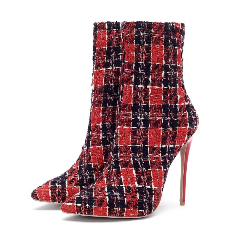 Casual Plaid Pointed Toe High Heel Calf Boots