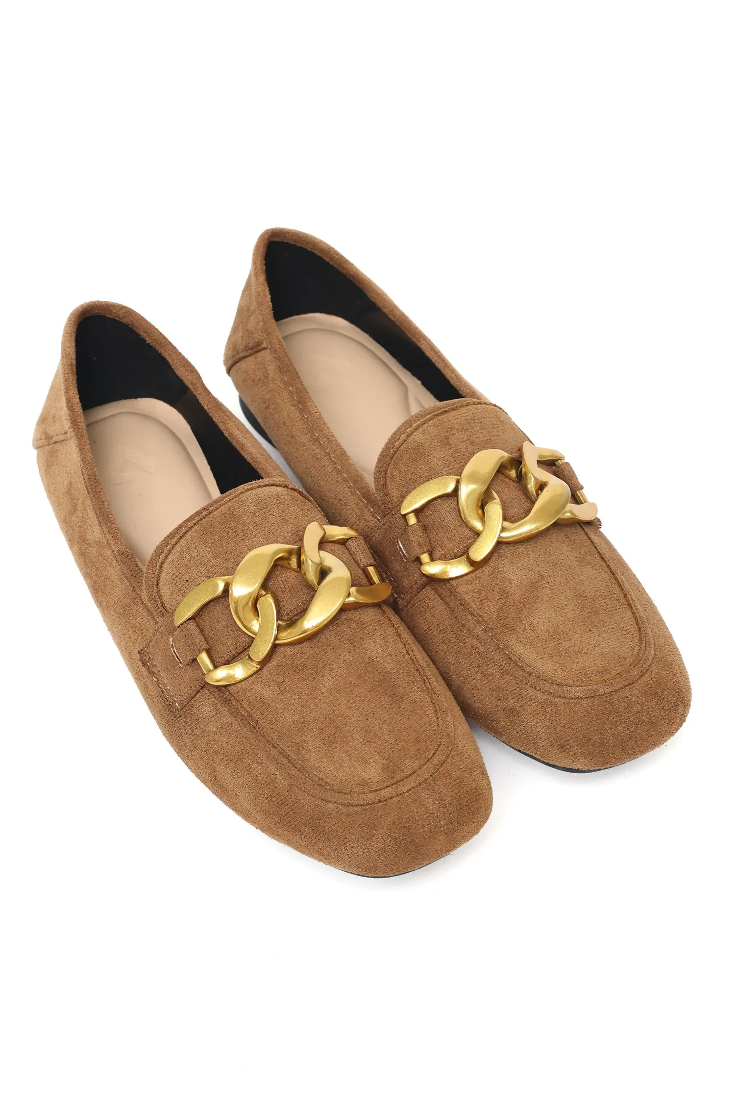 CHAIN DETAIL SUEDE LOAFERS-CAMEL