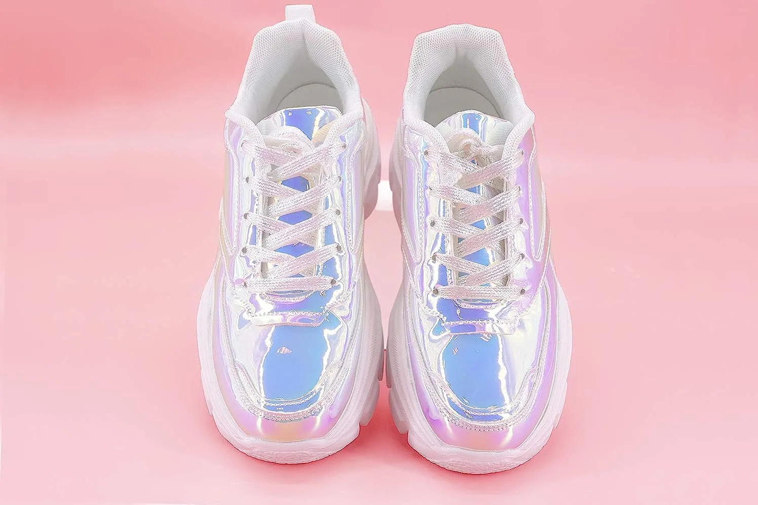 Chic & Fashionable Reflective White Chunky Platform Sneakers