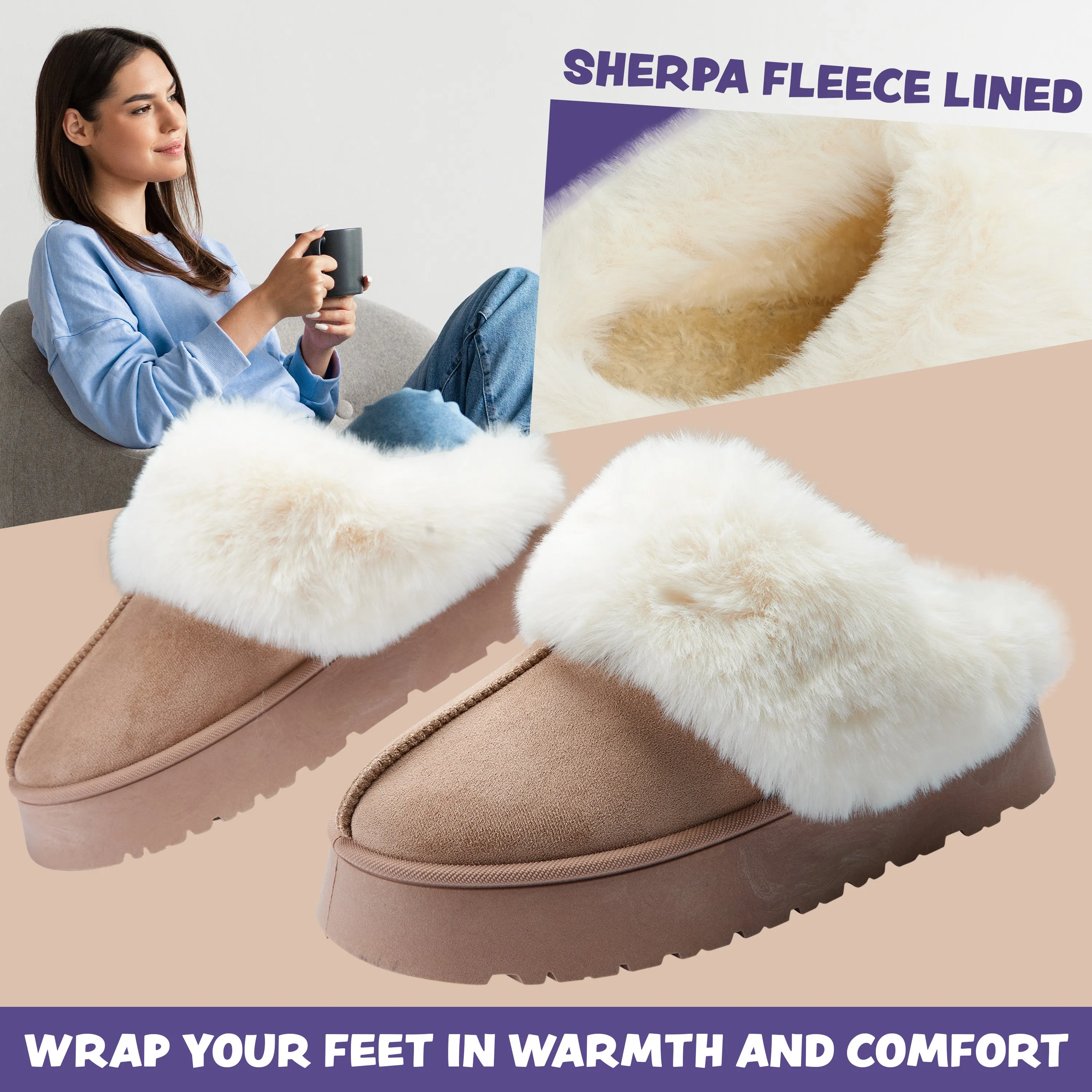 CityComfort Sherpa Lined Slippers,Slip-On House Shoes with Non Slip Sole - Gifts For Her