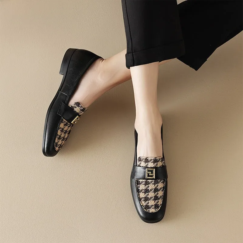 Color Blocking Soft Leather Loafers for Women with Metal in Black/Brown