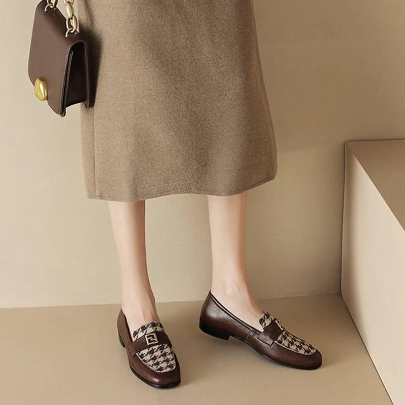 Color Blocking Soft Leather Loafers for Women with Metal in Black/Brown