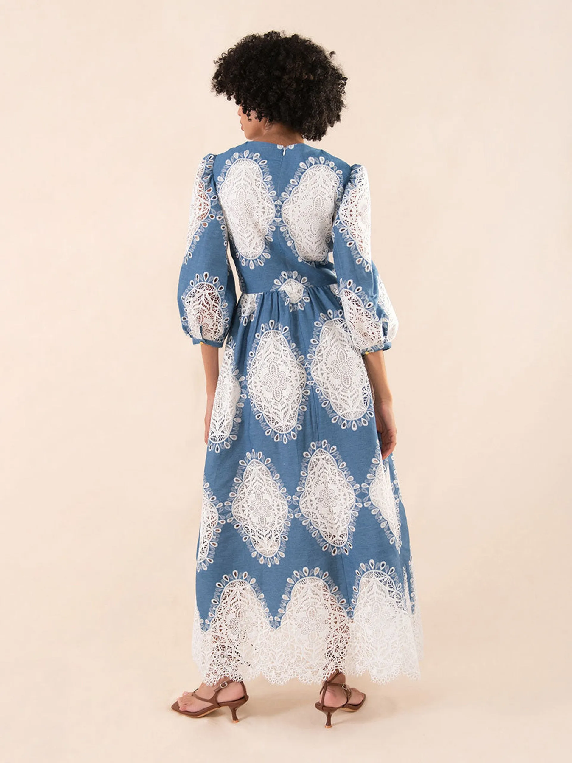 Constance broderie anglaise midi dress, lace and denim