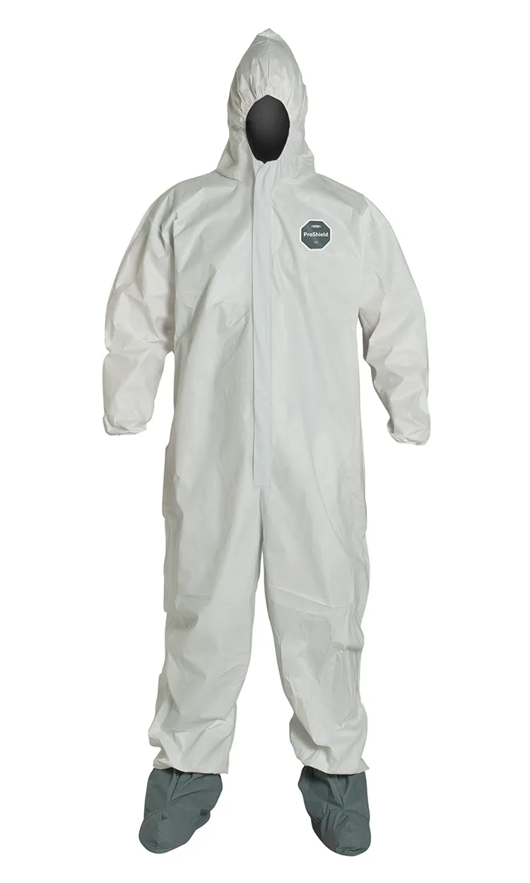 Coveralls - DuPont ProShield® 60 Standard Fit Hood, Elastic Wrists, Attached Skid-Resistant Boots, Serged Seams, White (Case of 25) NG122S