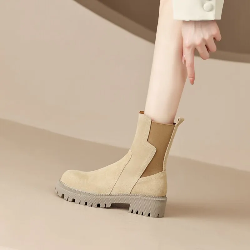 deanwangkt Autumn Shoes    NEW Autumn Shoes Women Chelsea Boots Round Toe Thick Heel Short Boots Cow Suede Boots for Women Winter Platform Shoes for Women