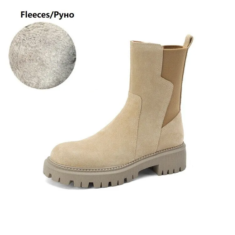 deanwangkt Autumn Shoes    NEW Autumn Shoes Women Chelsea Boots Round Toe Thick Heel Short Boots Cow Suede Boots for Women Winter Platform Shoes for Women