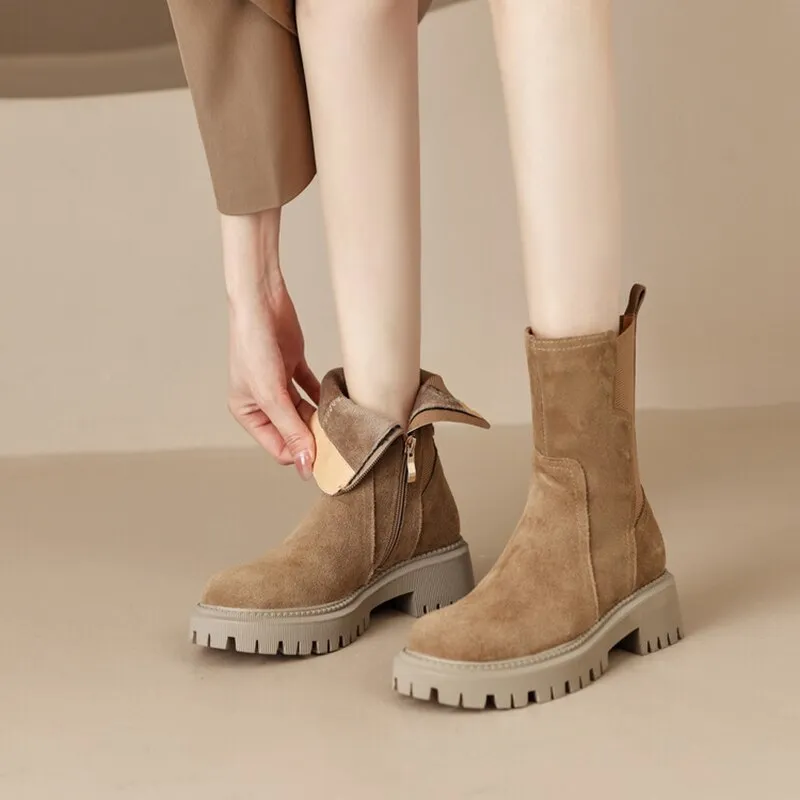 deanwangkt Autumn Shoes    NEW Autumn Shoes Women Chelsea Boots Round Toe Thick Heel Short Boots Cow Suede Boots for Women Winter Platform Shoes for Women