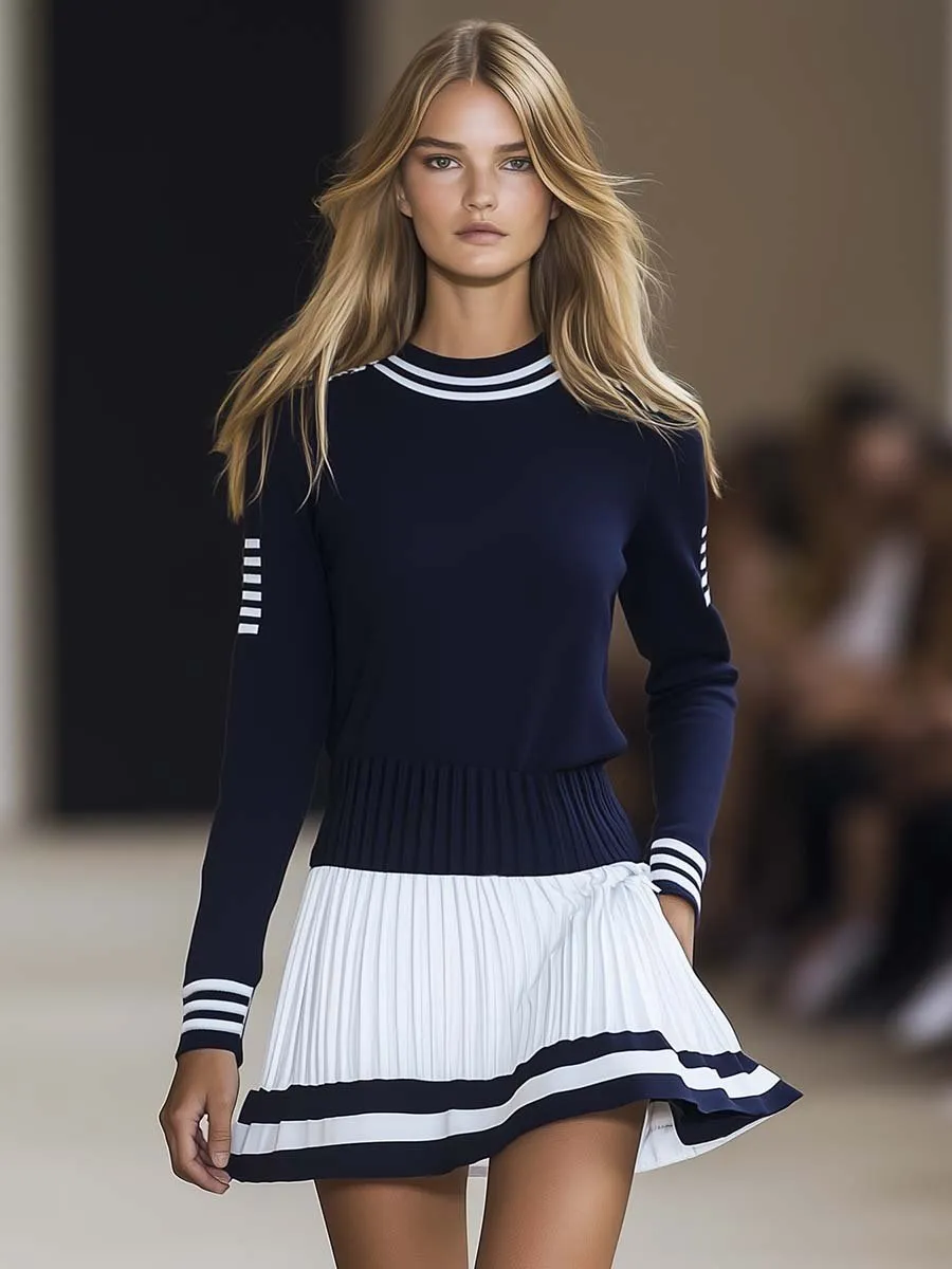 Fashionable Sports Style Round Neck Navy Blue and White Contrast Mini Dress