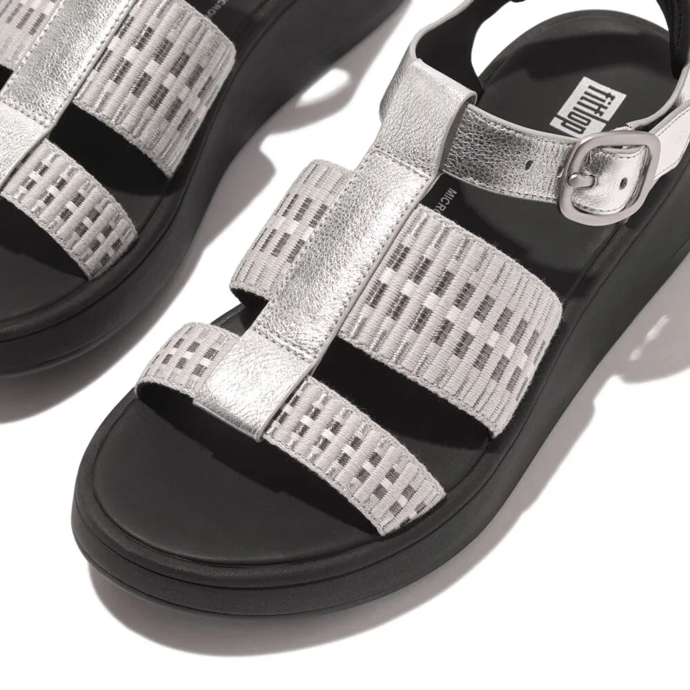 Fitflop F-Mode Leather/Webbing Flatform Fisherman Sandals Silver