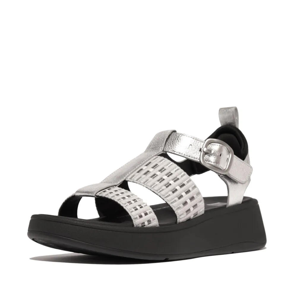 Fitflop F-Mode Leather/Webbing Flatform Fisherman Sandals Silver