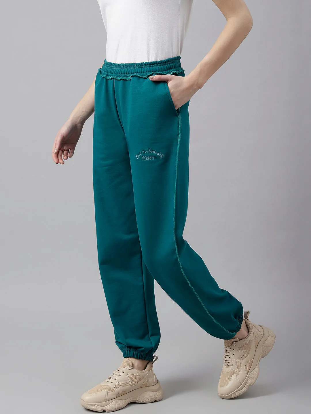 Fitkin Women Green  Solid Oversized Designer Fleece Jogger Pants