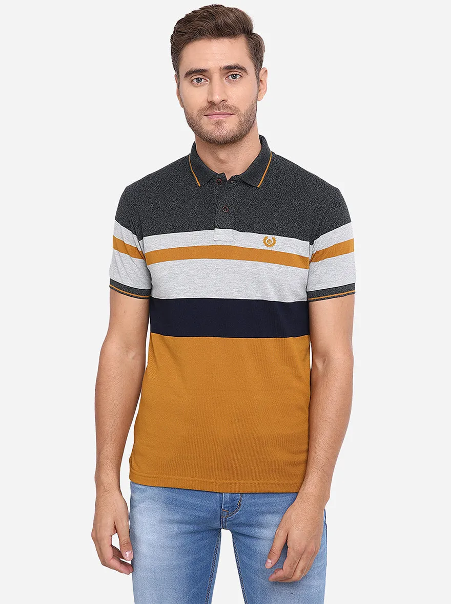 Grey & Mustard Striped Slim Fit Polo T-Shirt | Greenfibre