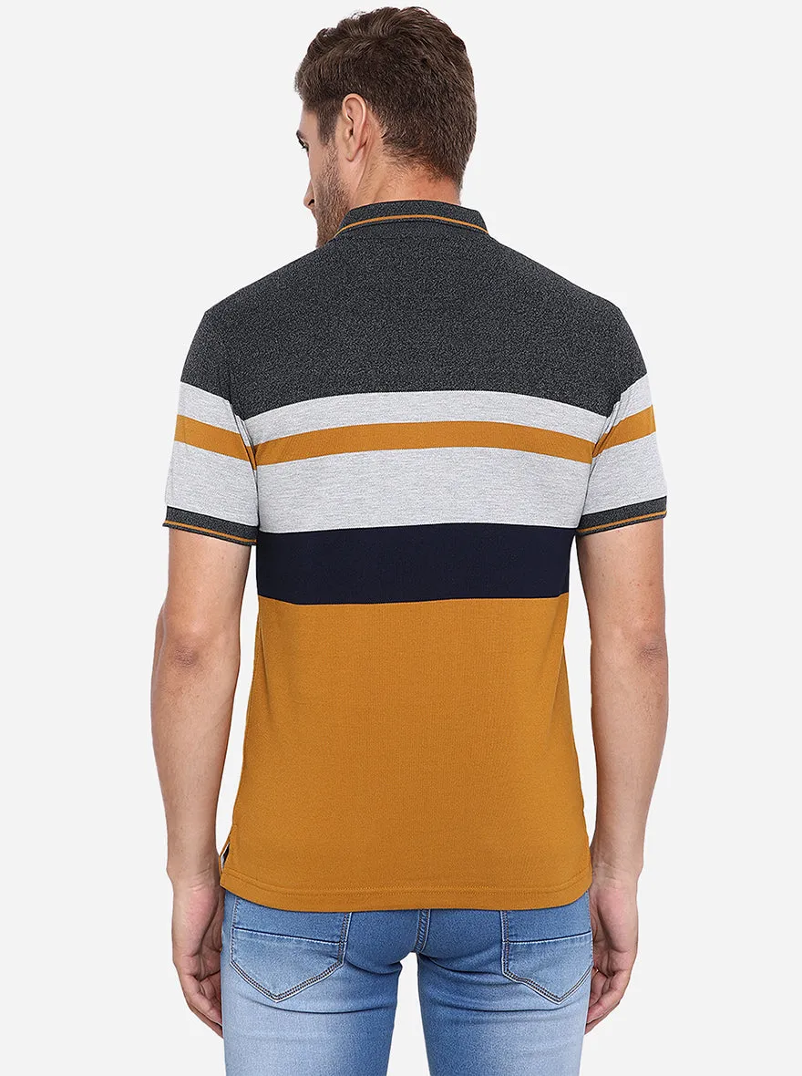 Grey & Mustard Striped Slim Fit Polo T-Shirt | Greenfibre