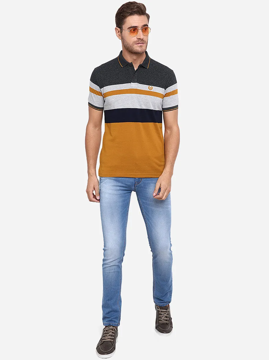 Grey & Mustard Striped Slim Fit Polo T-Shirt | Greenfibre