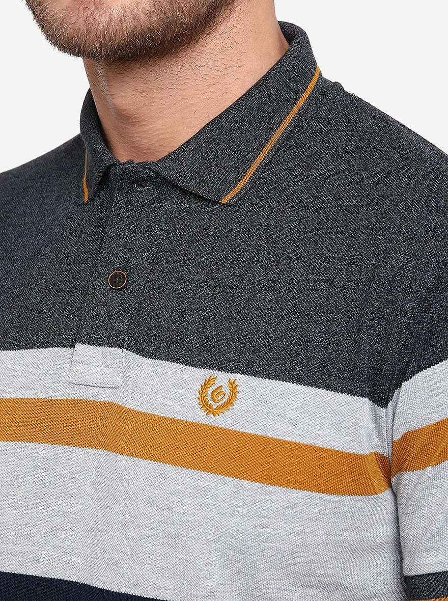 Grey & Mustard Striped Slim Fit Polo T-Shirt | Greenfibre