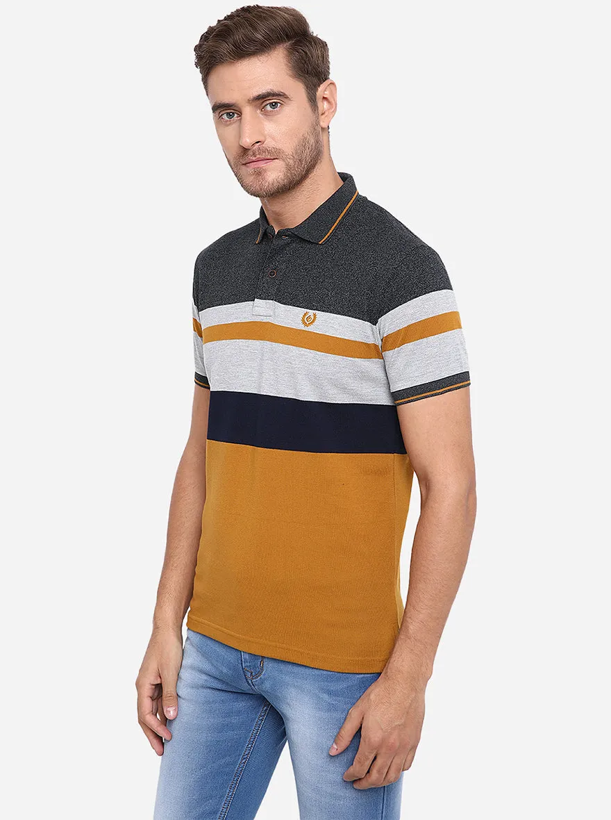 Grey & Mustard Striped Slim Fit Polo T-Shirt | Greenfibre