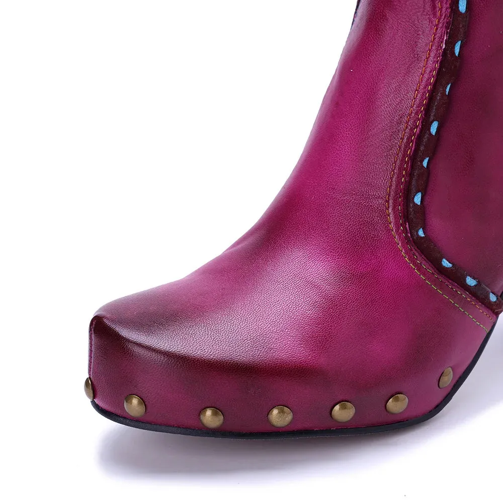 Handmade Leather Rivet High Heel Short Boots for Women