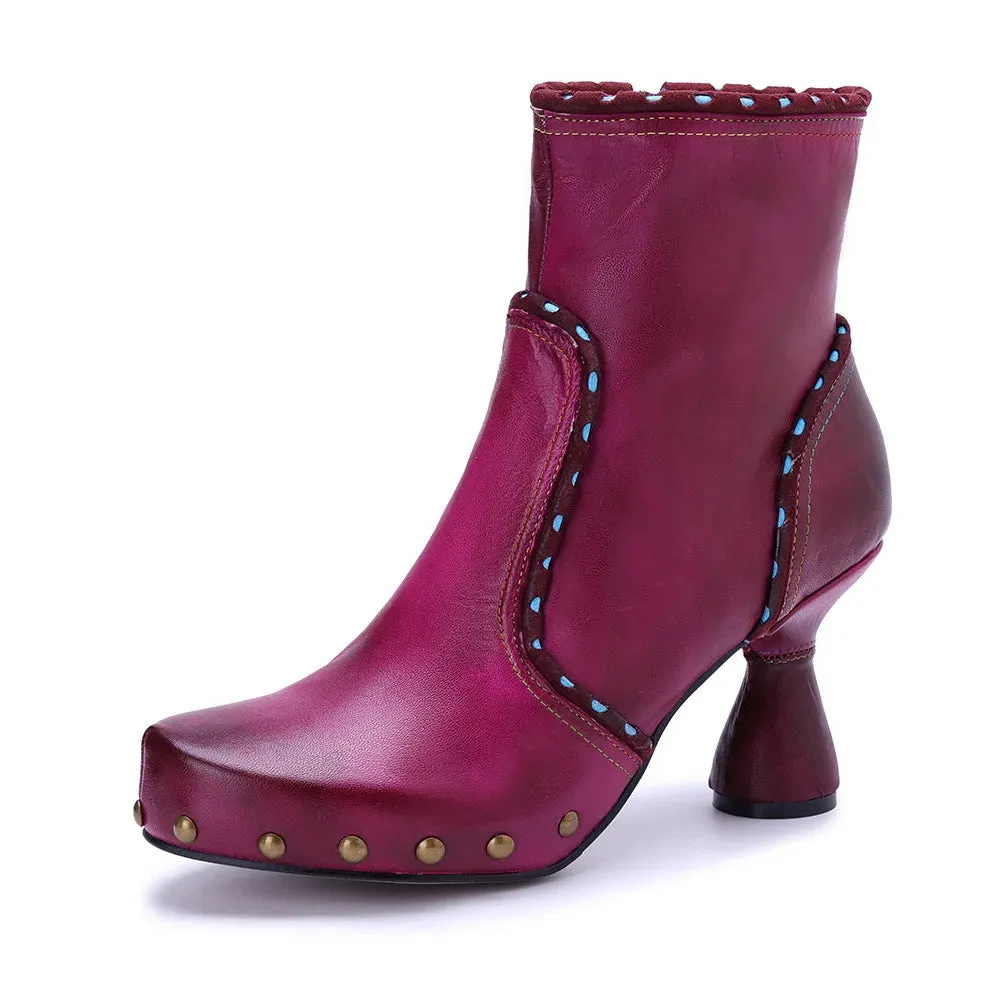 Handmade Leather Rivet High Heel Short Boots for Women