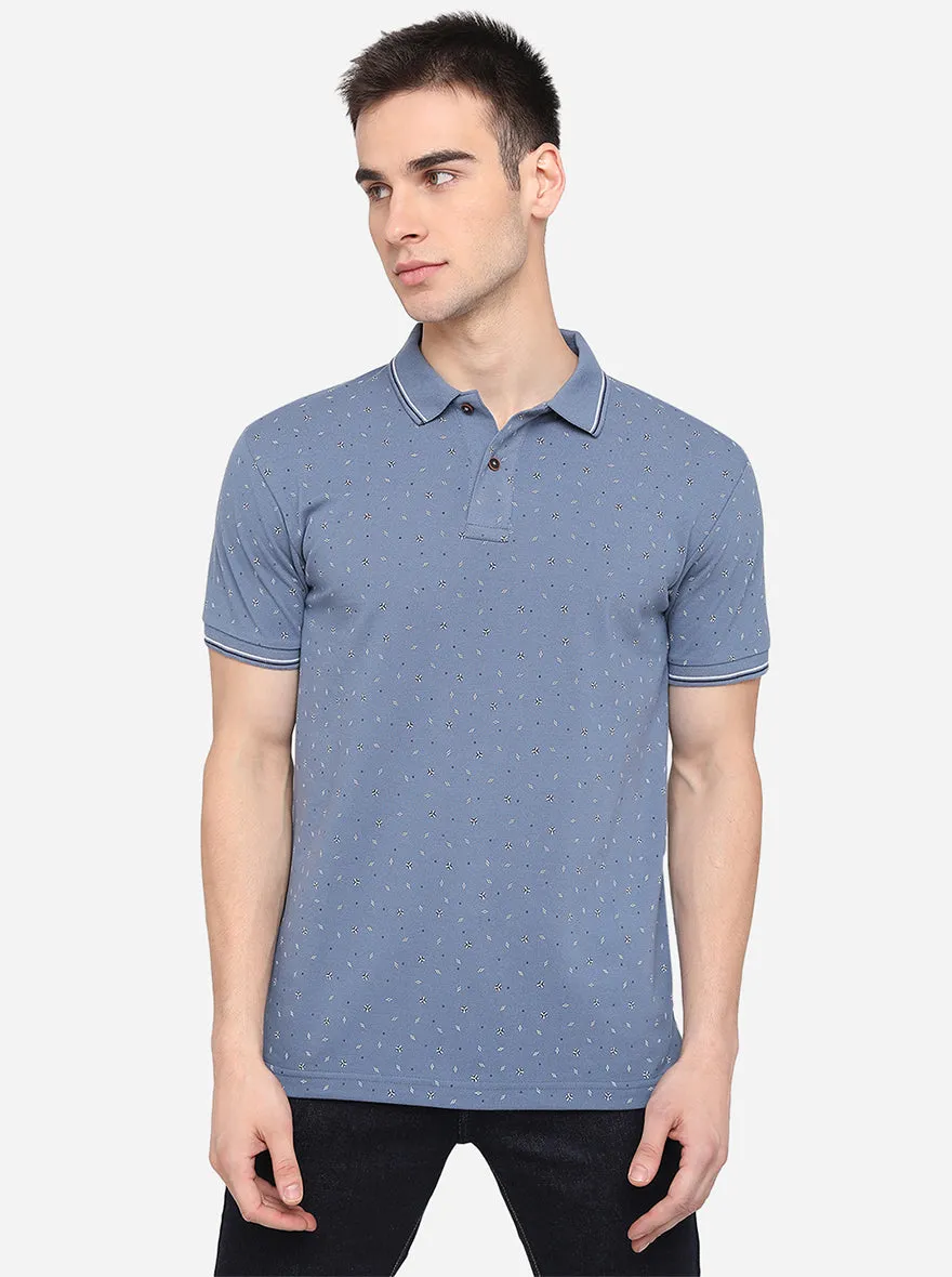 Heaven Blue Printed Slim Fit Polo T-Shirt | Greenfibre