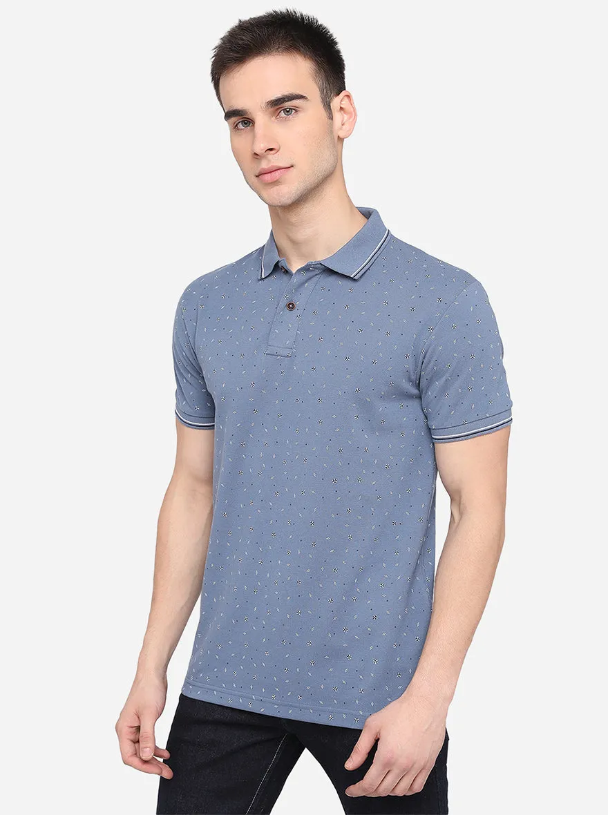 Heaven Blue Printed Slim Fit Polo T-Shirt | Greenfibre