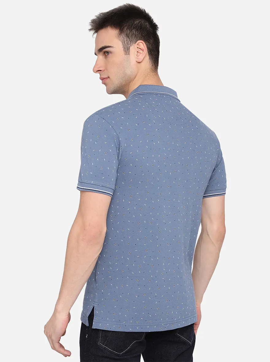 Heaven Blue Printed Slim Fit Polo T-Shirt | Greenfibre