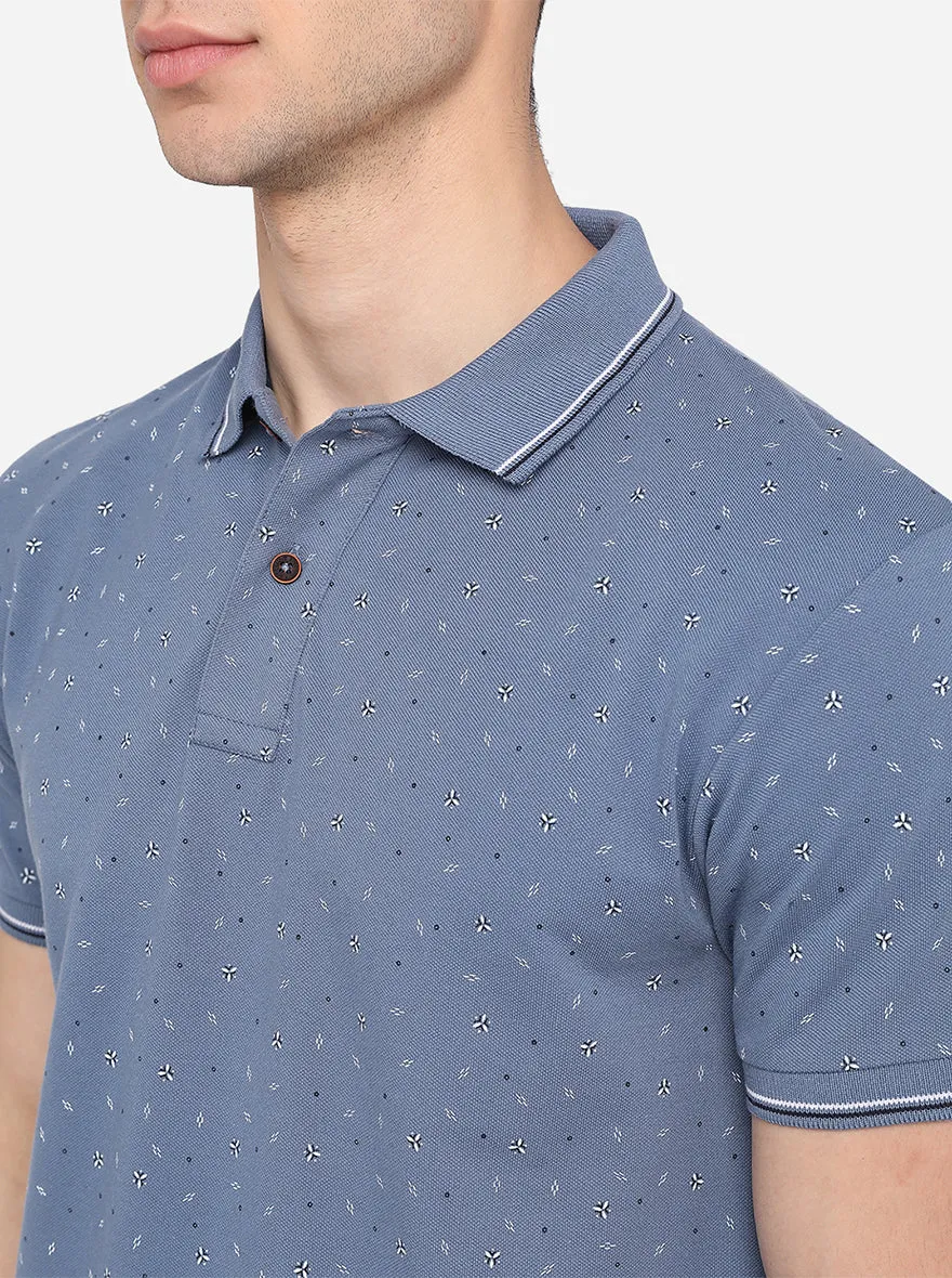 Heaven Blue Printed Slim Fit Polo T-Shirt | Greenfibre