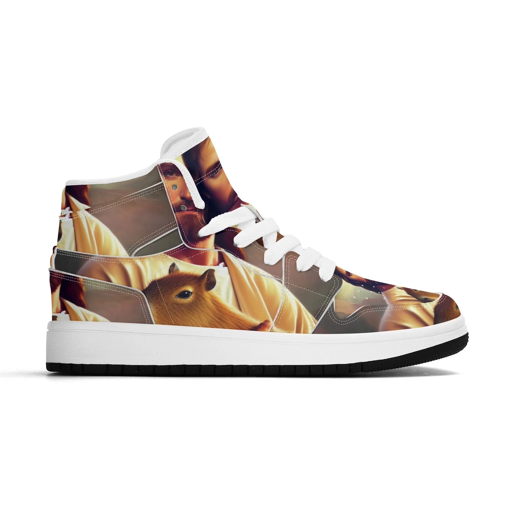 Jesus Holding Capybara Children Premium High Top Leather Sneakers