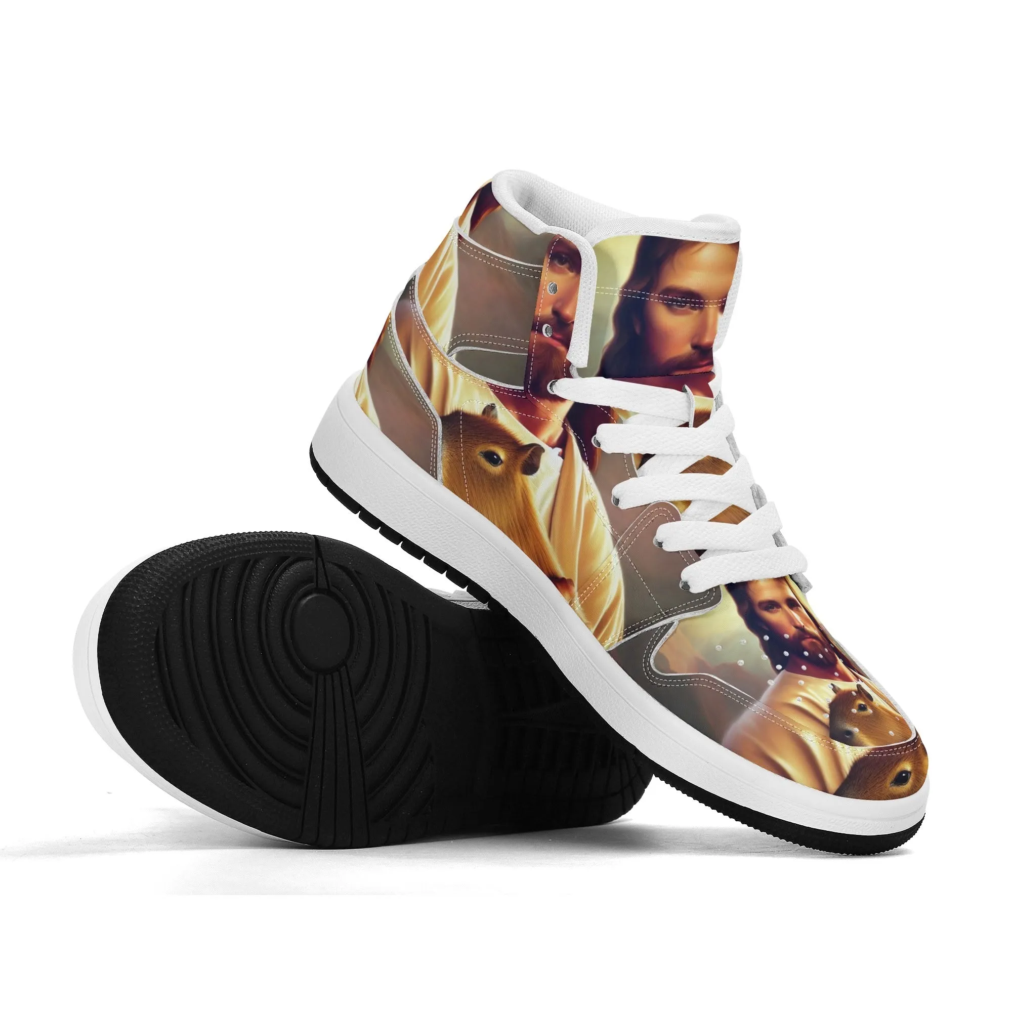 Jesus Holding Capybara Children Premium High Top Leather Sneakers