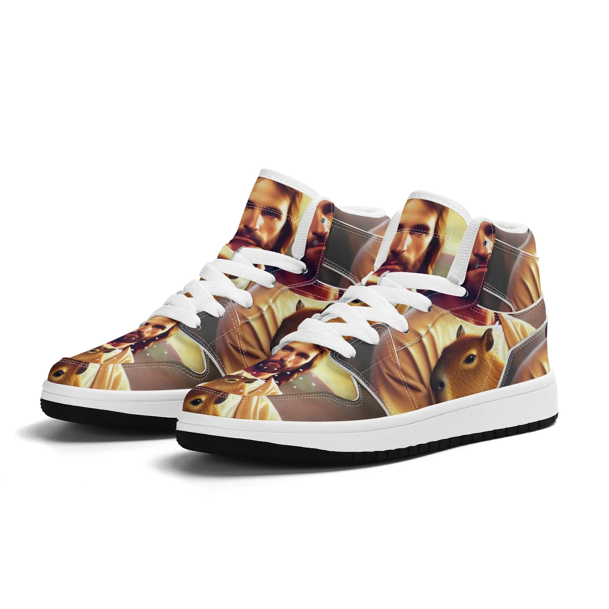 Jesus Holding Capybara Children Premium High Top Leather Sneakers