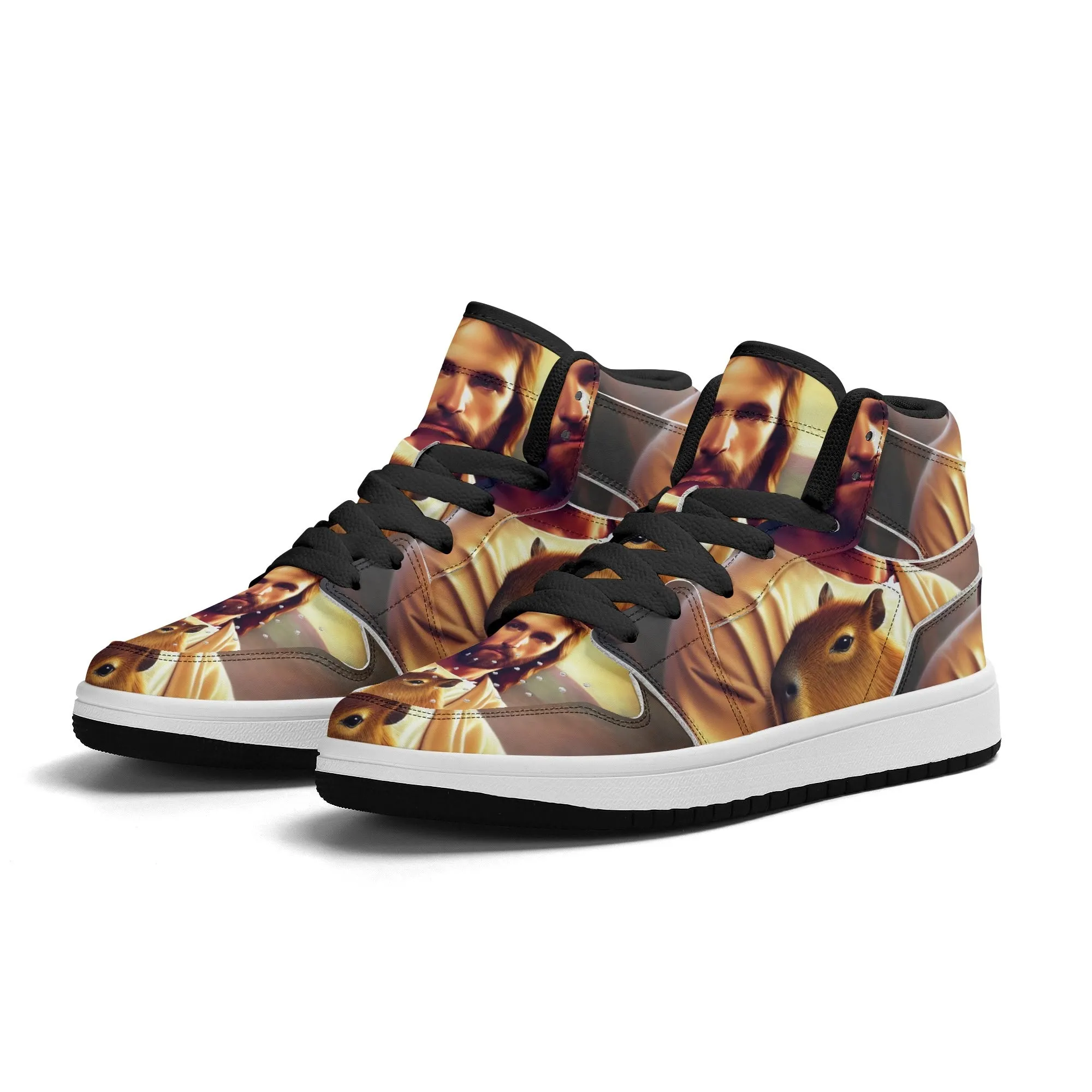 Jesus Holding Capybara Children Premium High Top Leather Sneakers